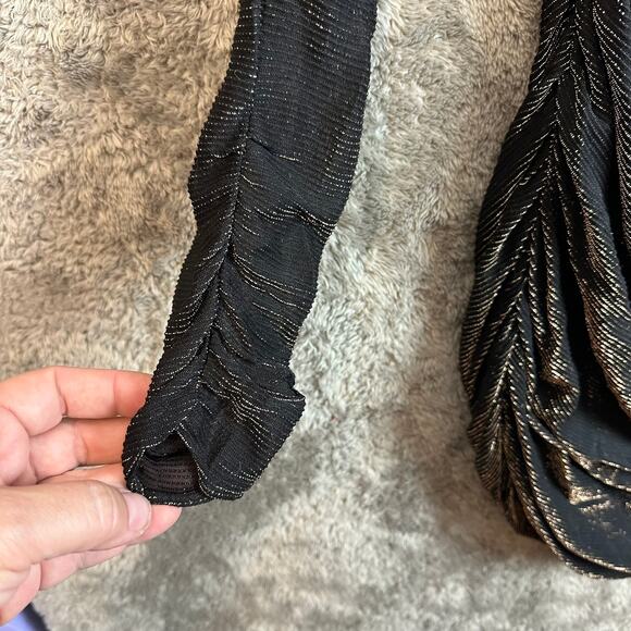 Vintage 80s Ruched Black Gold Metallic Mini Dress Long Sleeve Sheath Size 7 8 - Picture 6 of 12